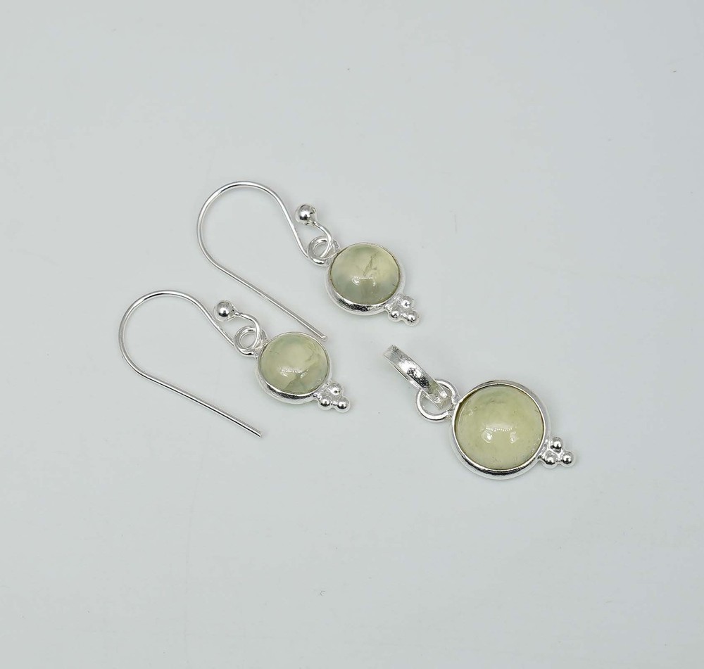 925 Solid Sterling Silver Green Prehnite Hook Earring Pendant Set