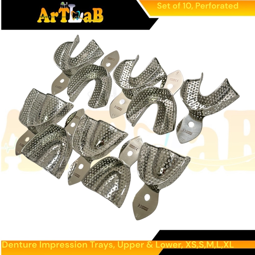 German Stainless Perforated Denture Impression Trays, Upper + Lower (10PK)