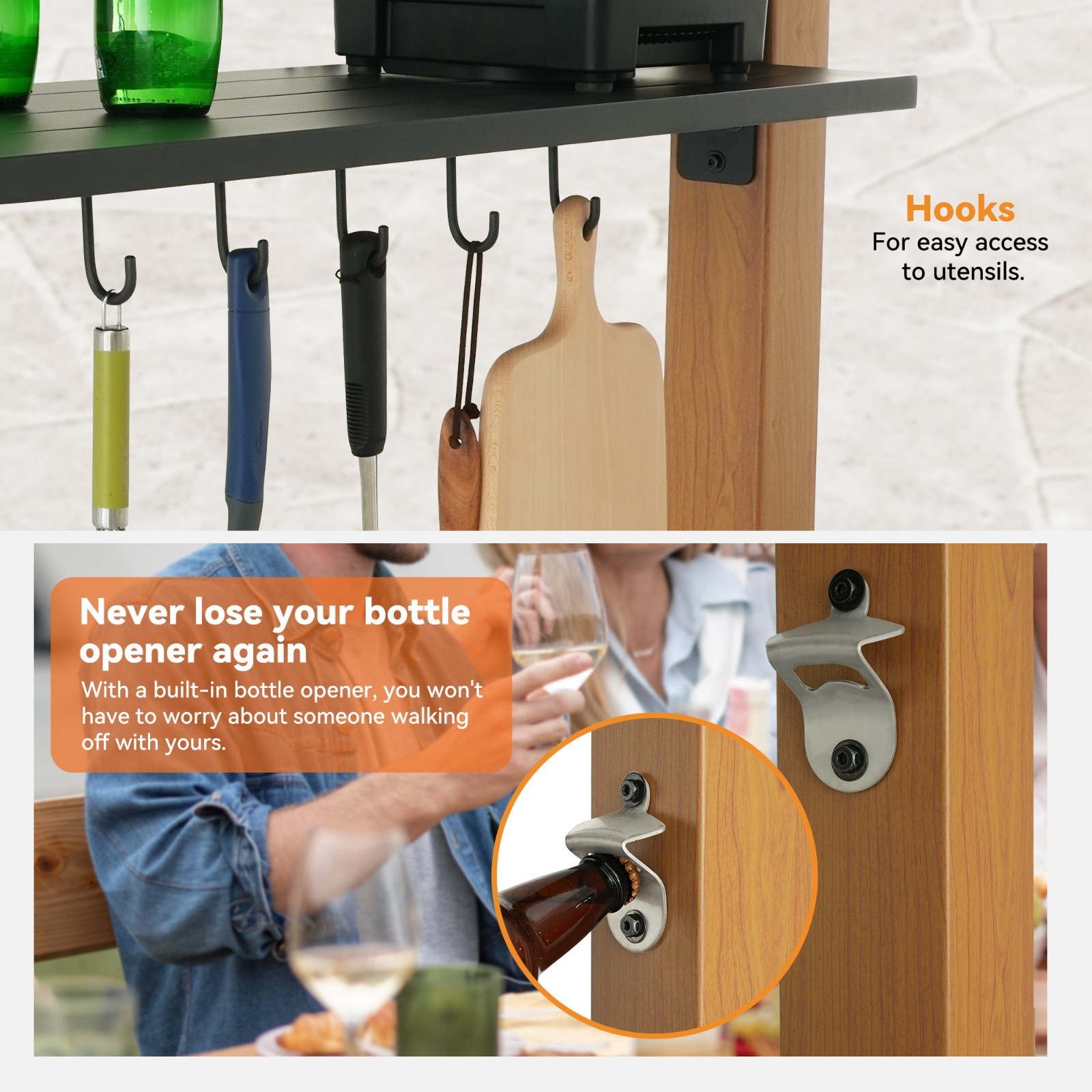 6'x12' Wooden Hardtop Grill Gazebo Steel Roof with Side Shelf and Bottle Opener