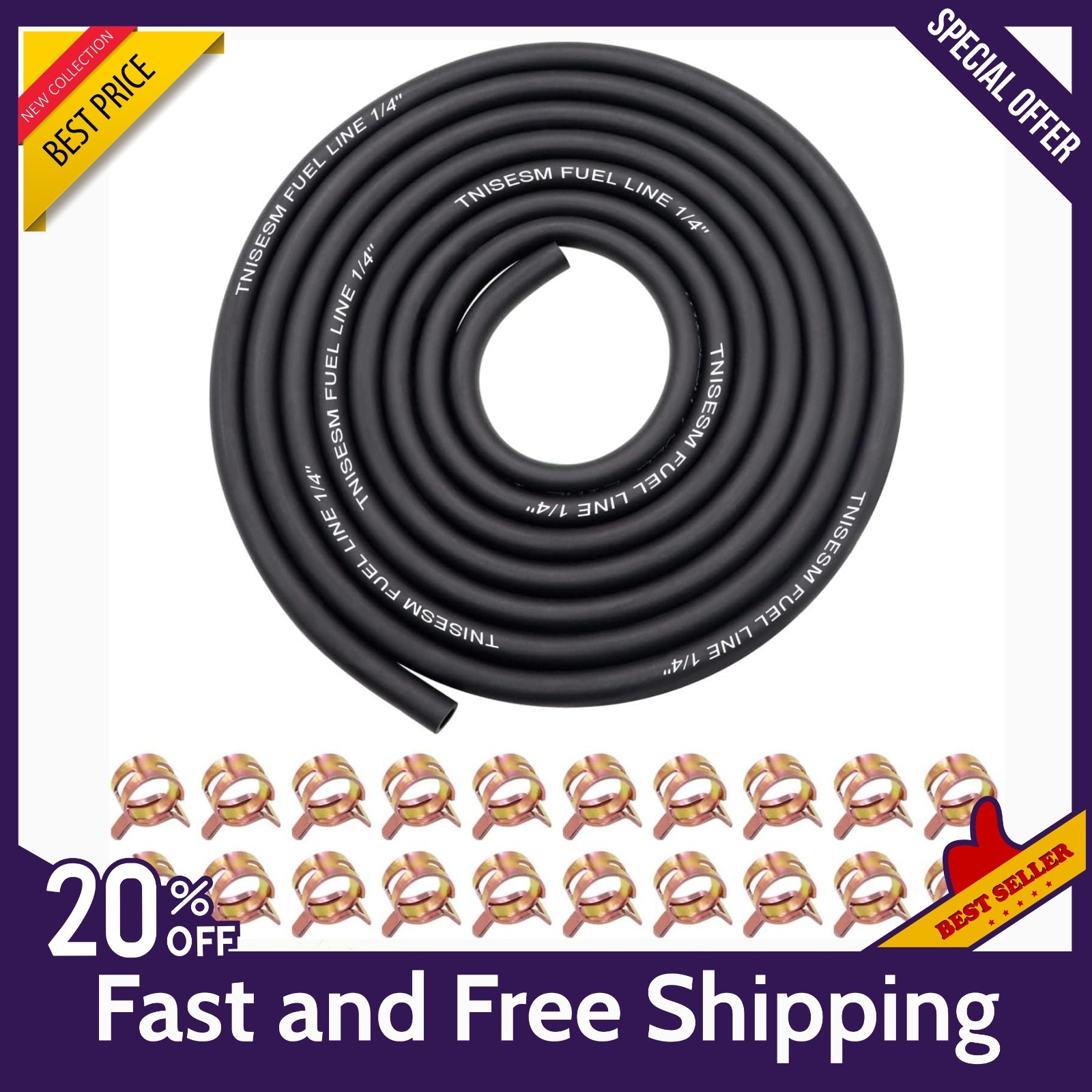 1/4 Inch ID Fuel Line Hose 10Ft + 20 Hose Clamps for Small Gas Engines-Free Ship