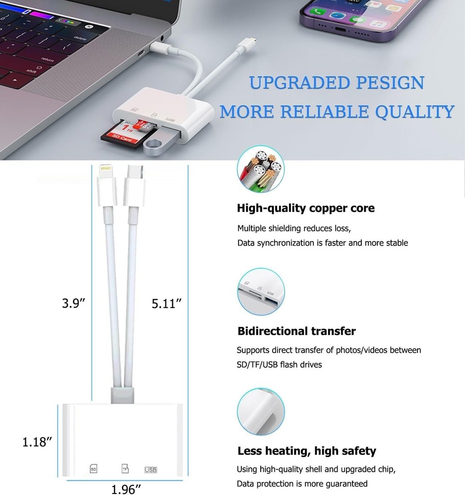 Lightning Dual Port SD Card Adapter - Efficient USB C Reader for iOS Devices