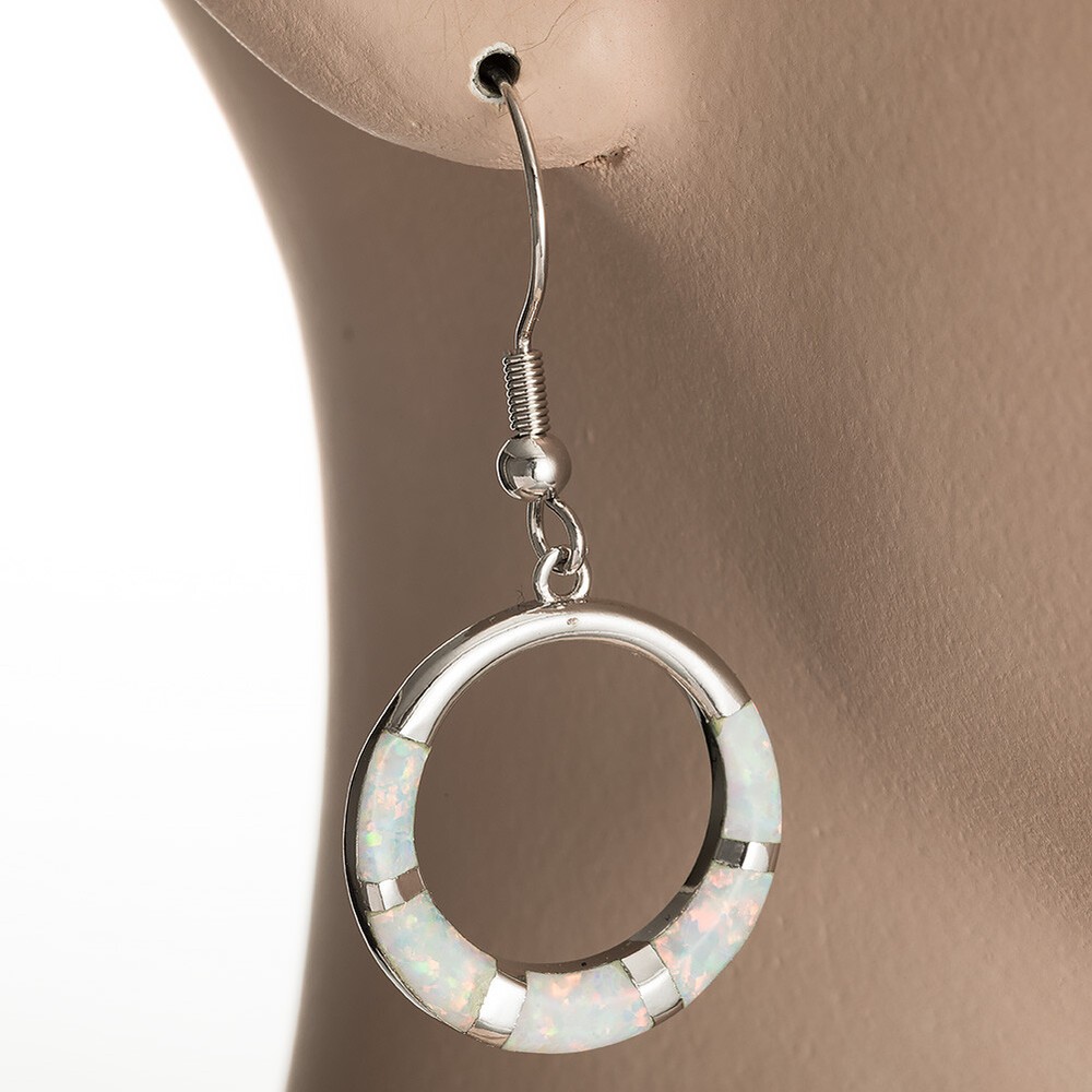 Circular Ring Shape White Fire Opal Silver Jewelry Dangle Drop Earrings