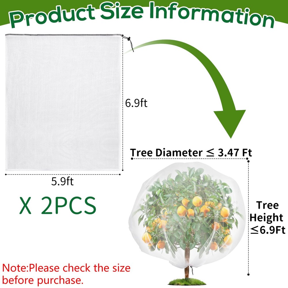 2PCS Fruit Tree Netting with Drawstring, 7 x 6ft 6 x 7FT/2Pack, White