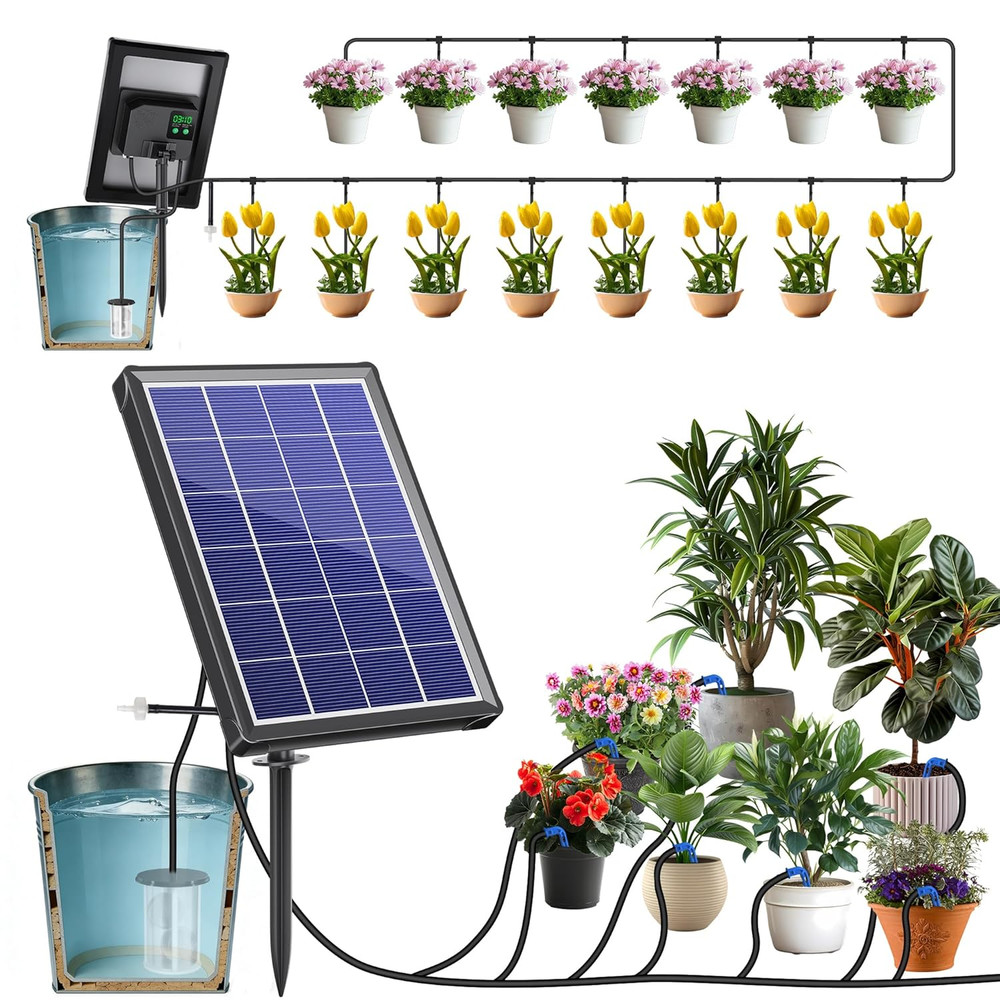 4W Solar Automatic Drip Irrigation Kit with LCD Timer, Customizable Watering Dur