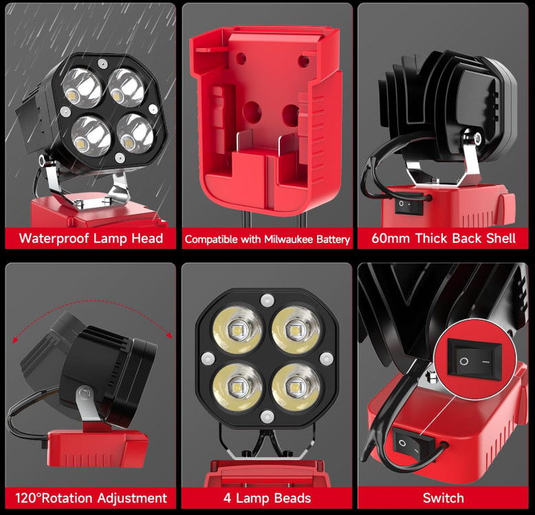 40W 6000LM LED Work Light Flashlight Compatible with Milwaukee 18V Battery