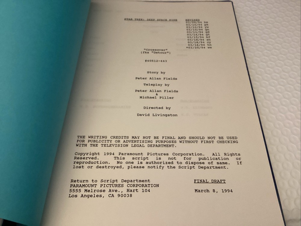 Star Trek Deep Space Nine "Crossover " Final Draft March 8th 1994 TV Script