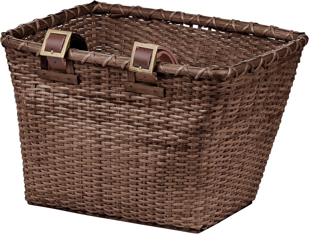 Rectangular Cane Bicycle Basket with Authentic Leather Straps & Brass Buckles