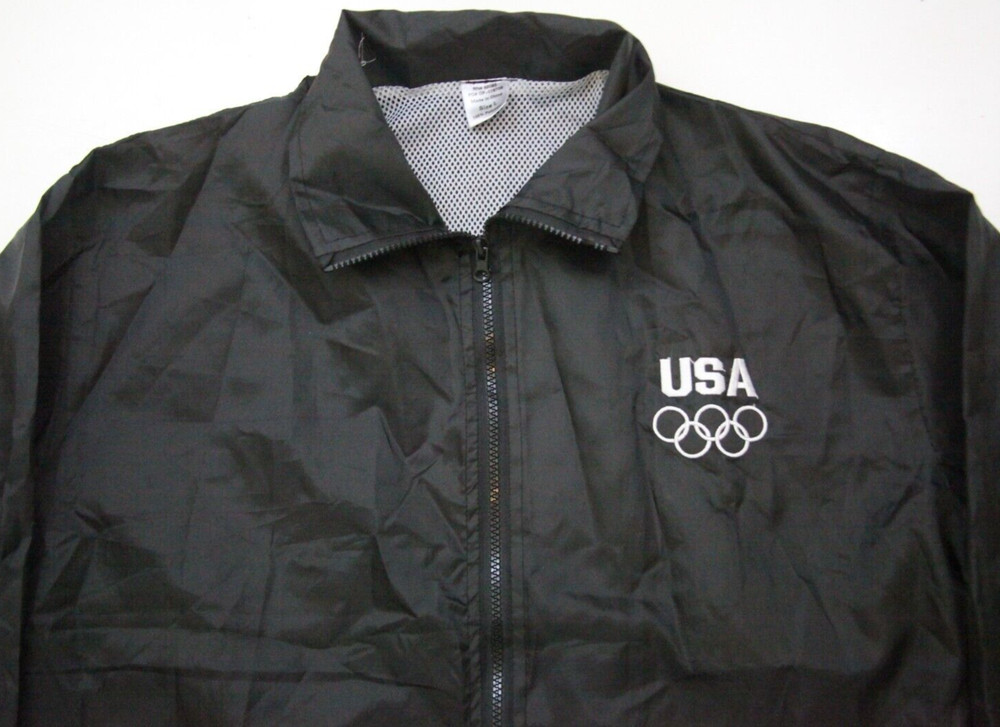 Large USA Athletic Jacket Coat Black Polyester Mans Lined Pockets Zipper QQ16