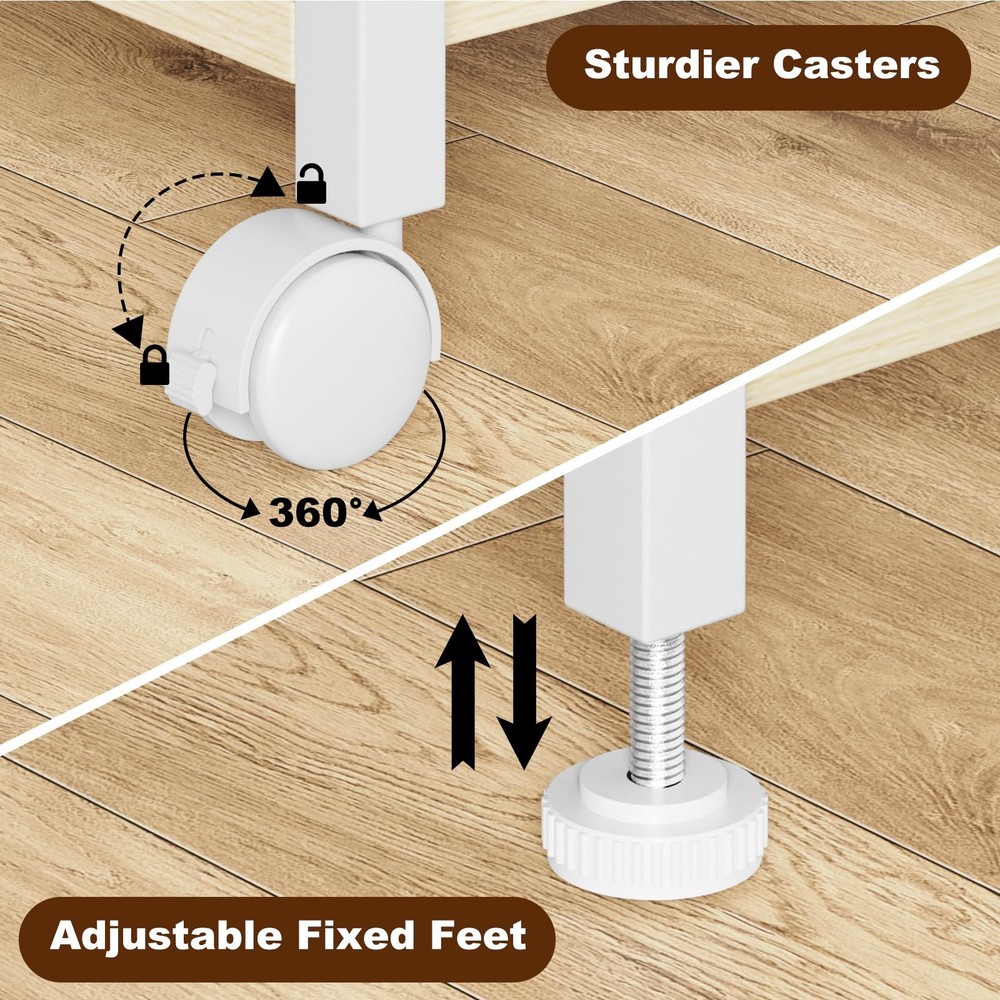 2-Tier Desktop Printer Stand Large Drawer Under Desk Storage Wheels Beige