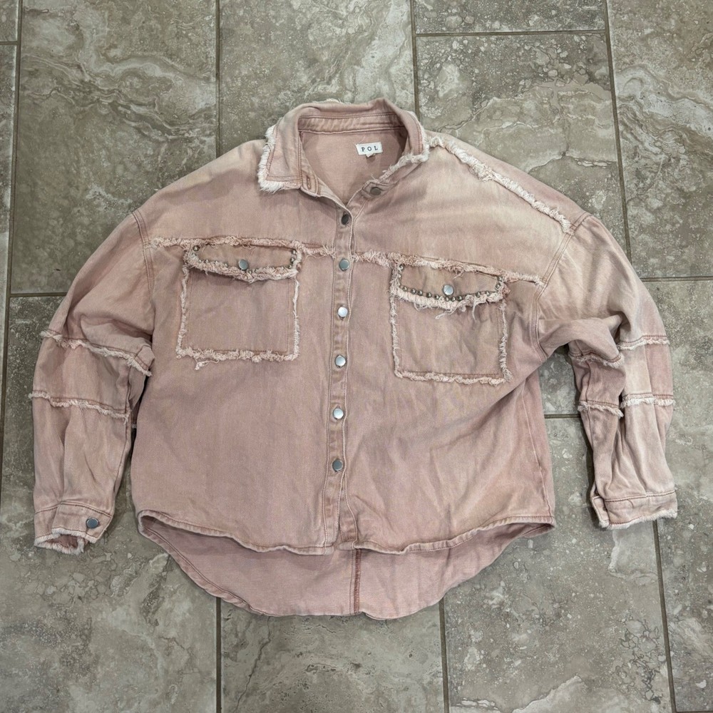 POL Pink Distressed Denim Shacket Studded Raw Hem Oversized Jacket Small