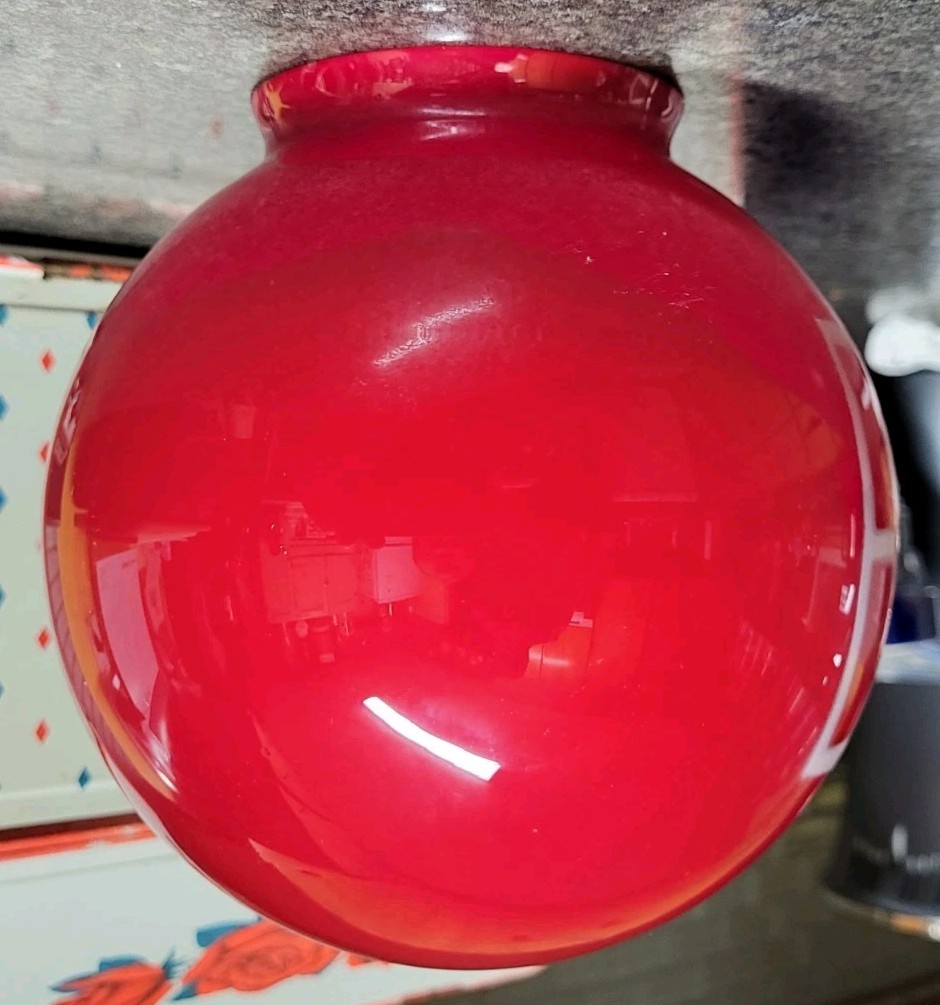 Antique Exit Light Shade Fixture Ruby Red Glass 1940s 50s 5.5" Round Globe NICE