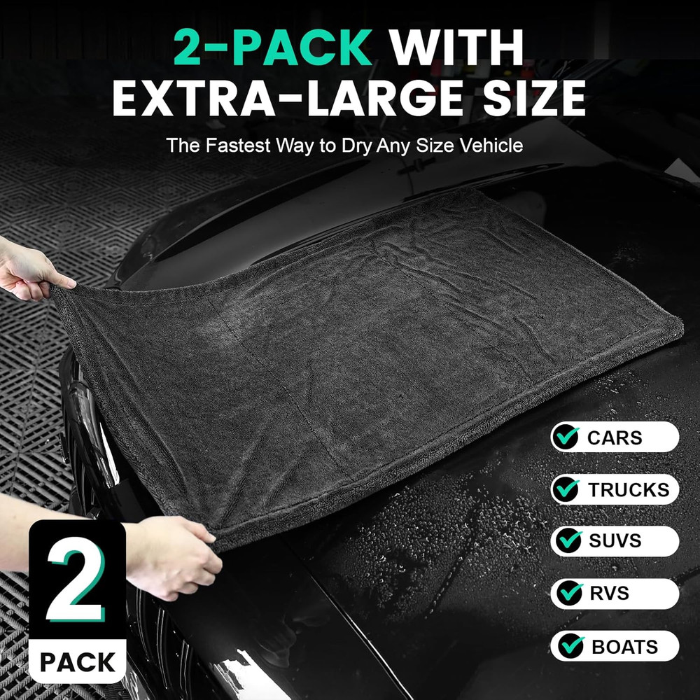 2 Pack Double-Sided Car Care Extra-Large, Ultra-Absorbant Microfiber Drying Towe