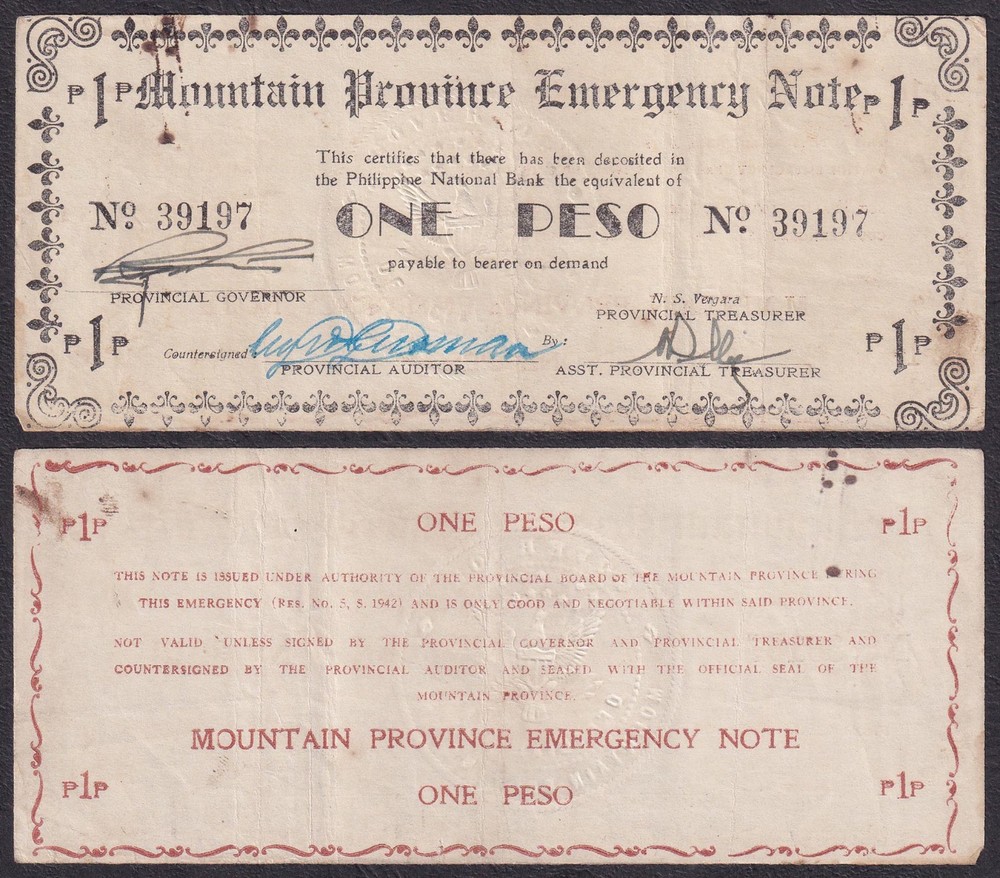 US Philippines MOUNTAIN PROVINCE PNB Emergency WW2 Note SIGNED