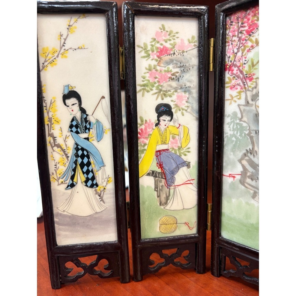 Vintage Chinese Marble Panel Folding Table Screen 5 Panel Wood Frame