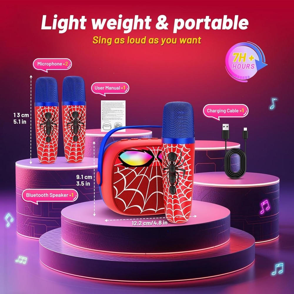 Spider Bluetooth Karaoke Machine - 2 Mics, Light-Up, Voice Effects -Easter Gift