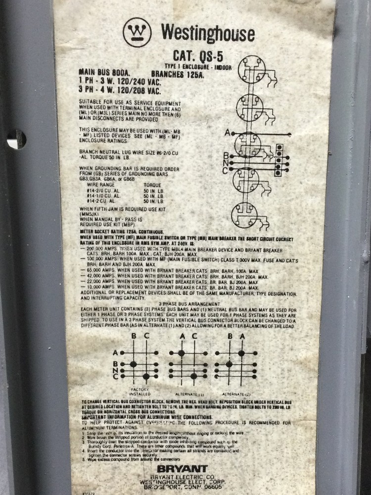 Westinghouse/Bryant Meter QS-5 QS/QP Quick-Stack Meter Stack 60-125 Amps