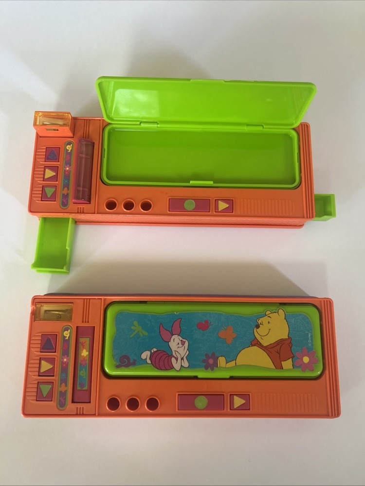 2 Vintage Multifunction Push Button Winnie the Pooh Pencil Case Orange Works