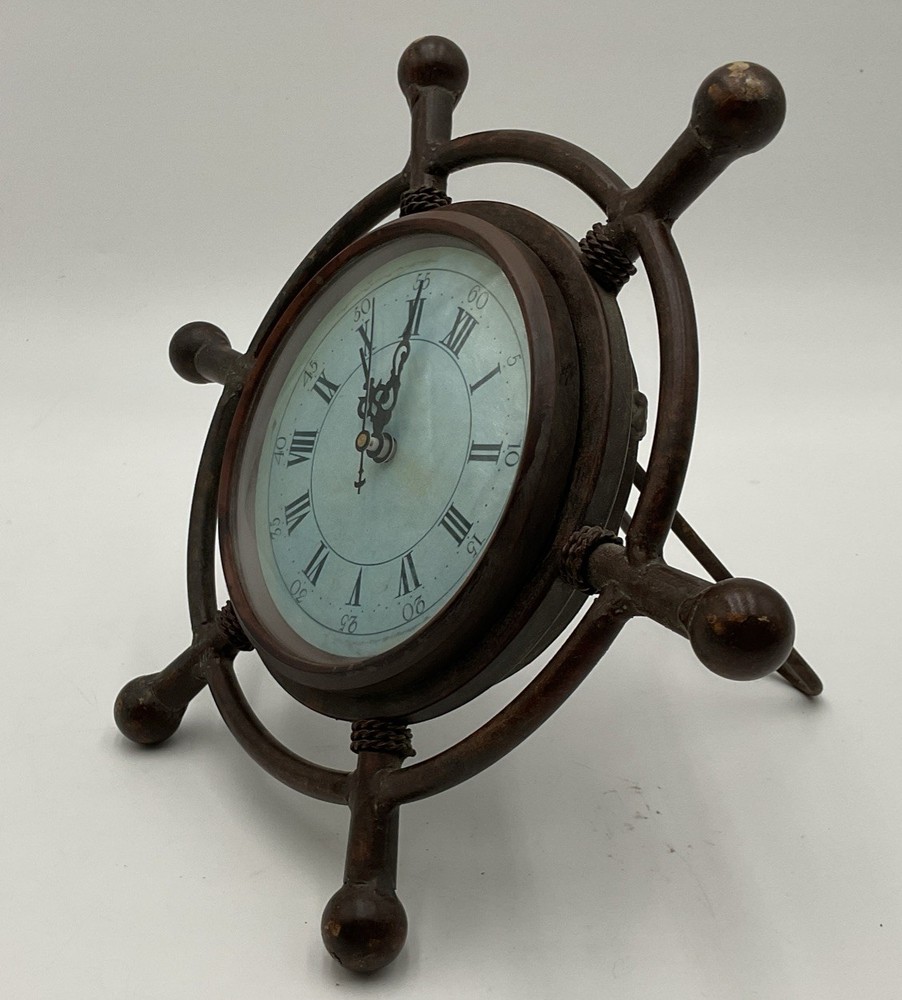 Nautical Ship Wheel-Style Clock Rustic Maritime Tabletop Decor *AS IS*
