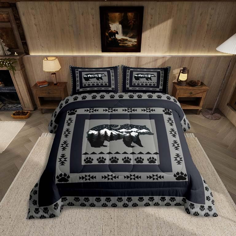 Western Rustic Bear Comforter Set Twin Size, Moon Bear Quilt Set with 1