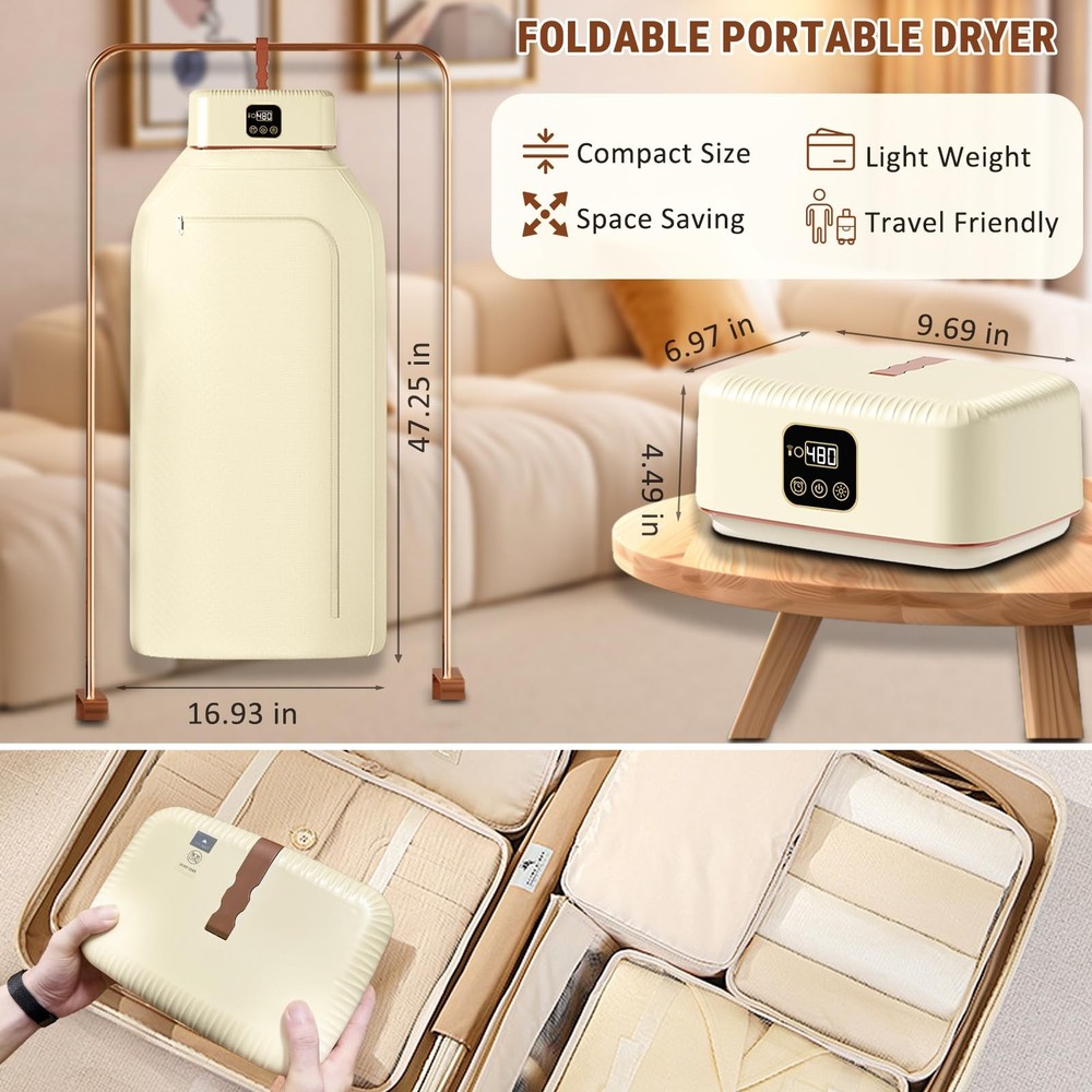 Portable Clothes Dryer, 8H Timer, w/Remote Control & Dry Bag, Mini Compact Fo...