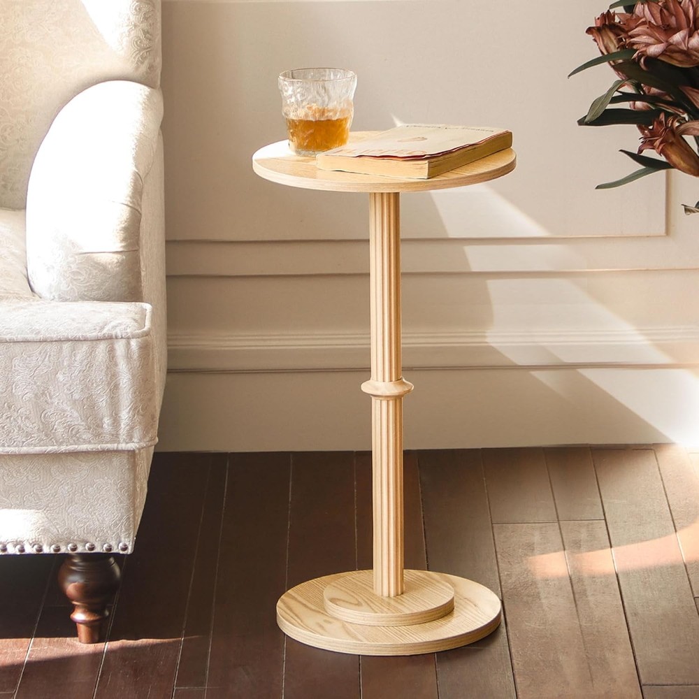 Drink Table Small Spaces Modern Round End Table W/ Fluted Wood Small Side Table