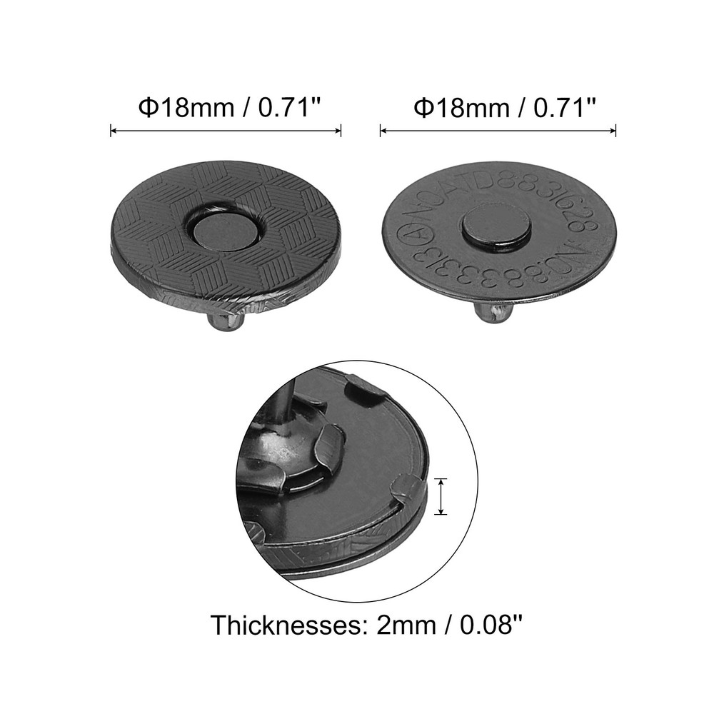 20 Sets 18x2mm Magnetic Round Snaps Button Base Components and Cap Kit, Black