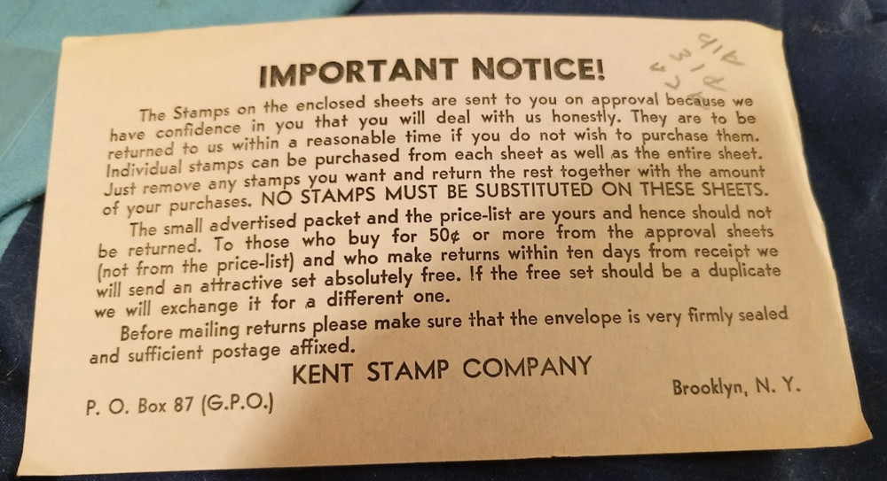 Kent Stamp Company Approvals Notice c1940s Vintage
