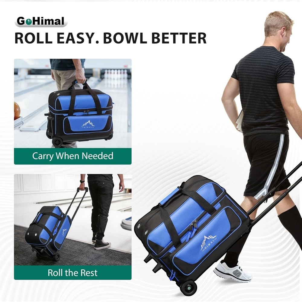 2 Ball Bowling Bag Wheels Shoe Compartment Retractable Handle