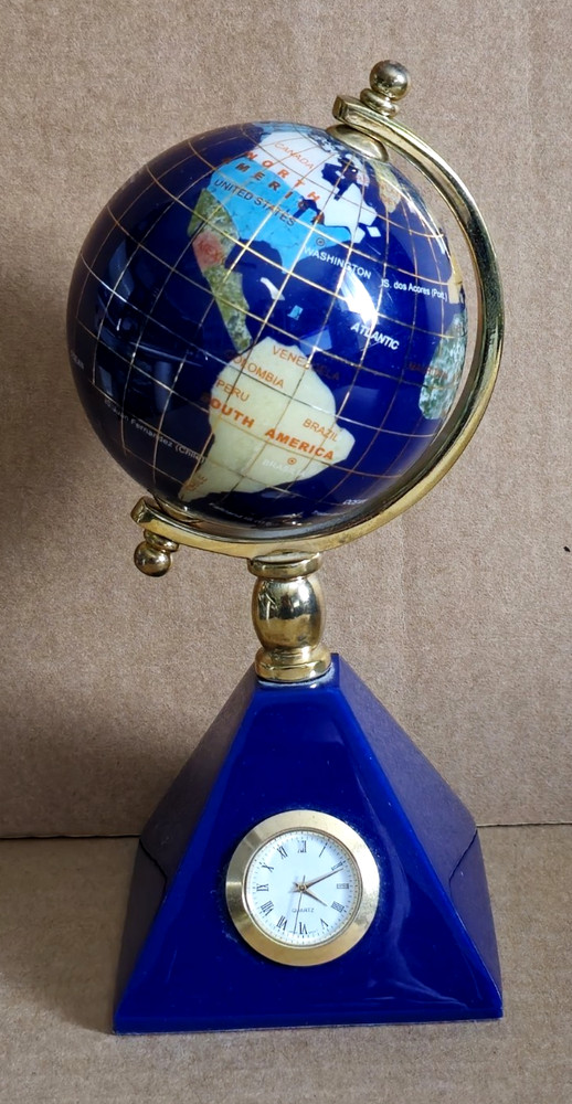 Blue Lapis Gemstone Desktop Globe with Quartz Clock 7" Tall