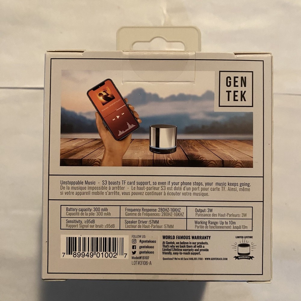 Gen Tek S3 Wireless Portable Led Speaker Bluetooth Capability. NEW ITEM