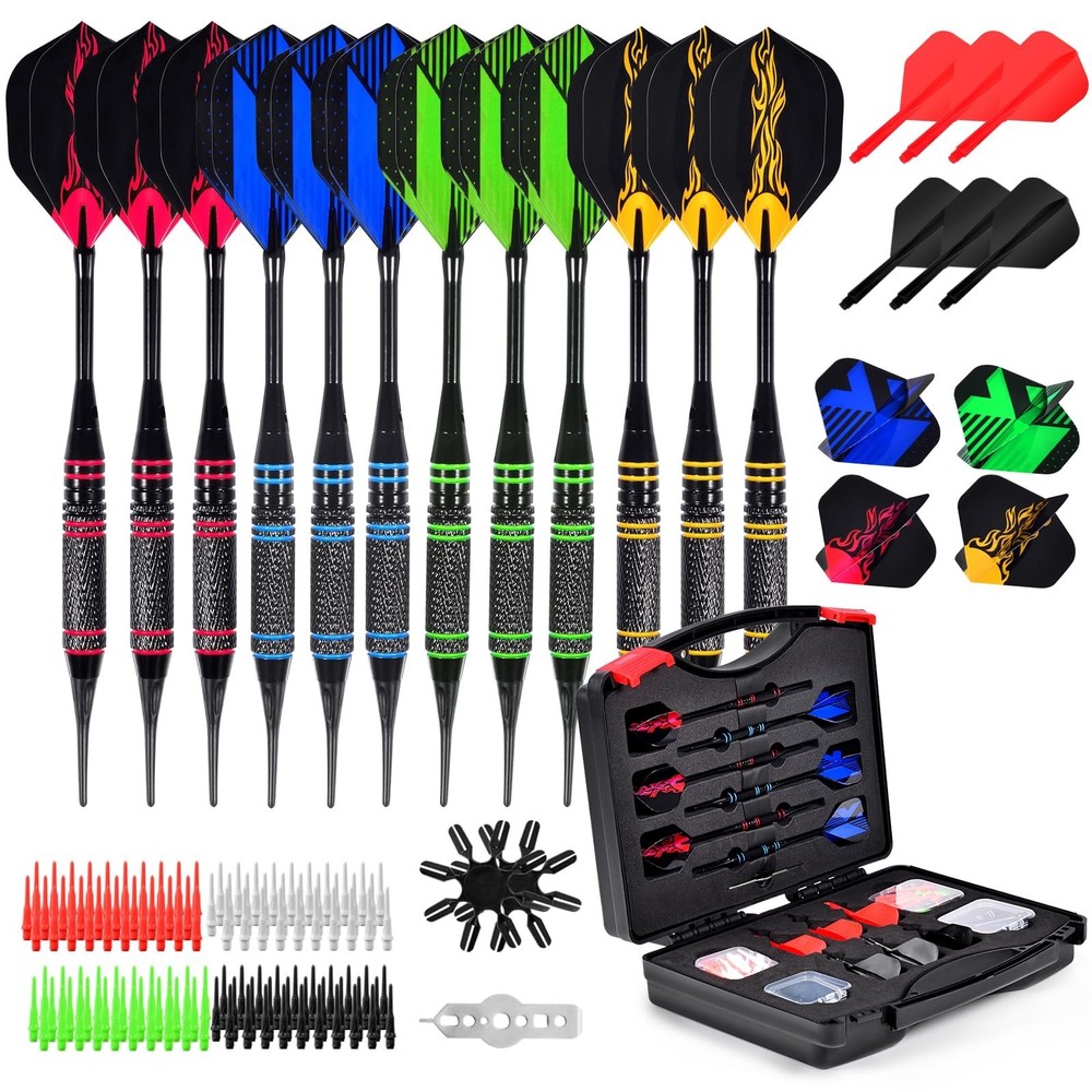 Professional Soft Tip Dart Set - 12 Pcs 18g, 120 Extra Tips, Flight Protector &