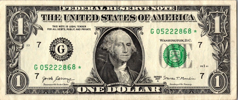 2017 G Star Note FANCY SERIAL NUMBER ONE DOLLAR Regular Run