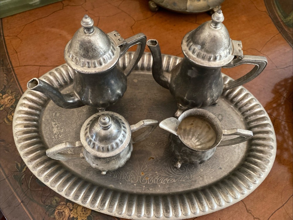 Mini Silverplated Tea Set Teapot Creamer Sugar Platter 5