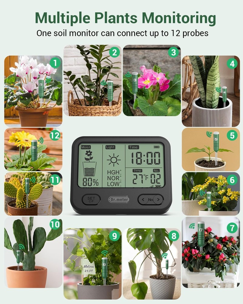 4-in-1 Soil Moisture Meter, 300ft Wireless Soil Tester Sensor, Temperature/Light