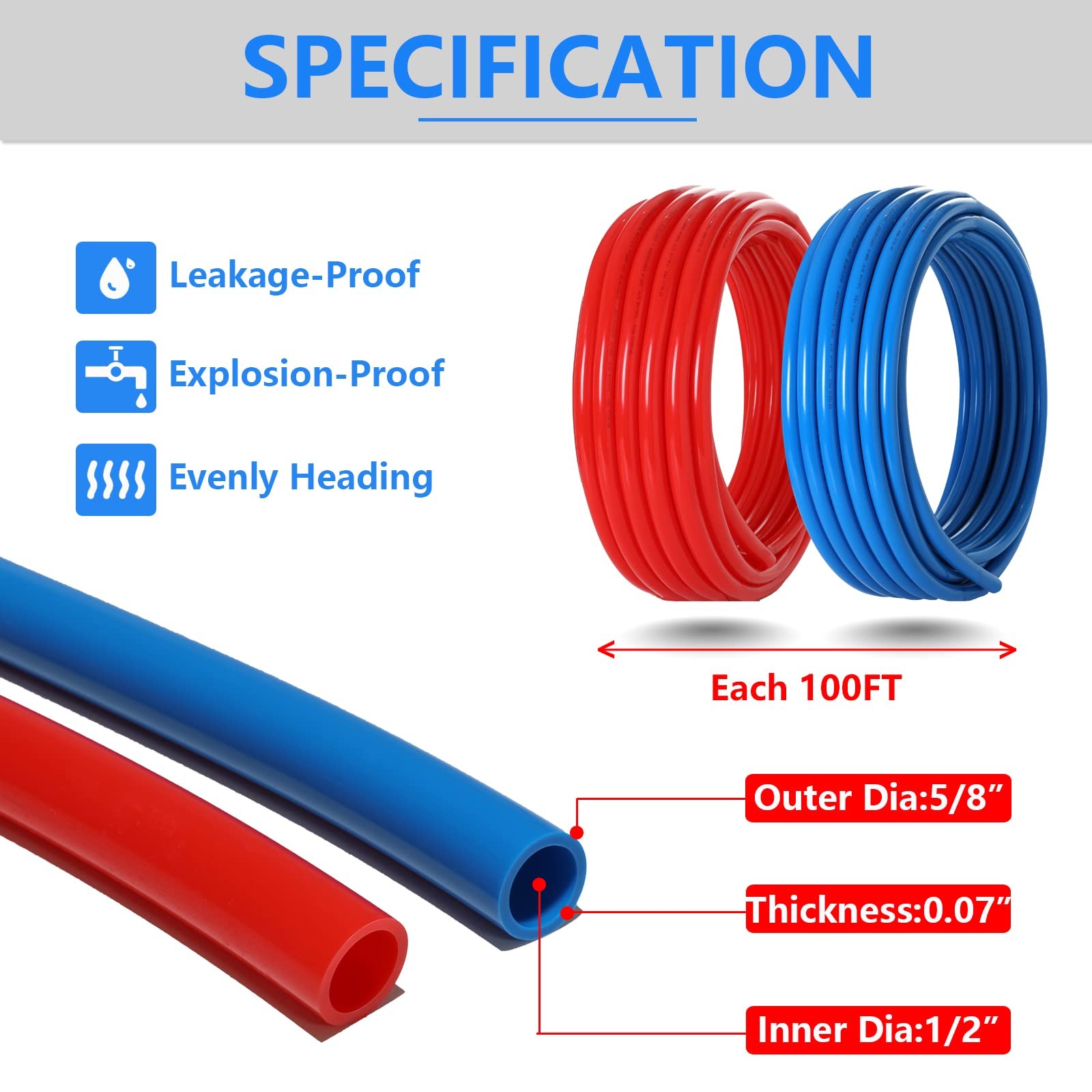 1/2 Inch PEX-B Pipe, 200ft Length, Blue & Red, with 4 Pcs 1/2" Barb PEX Shut Off