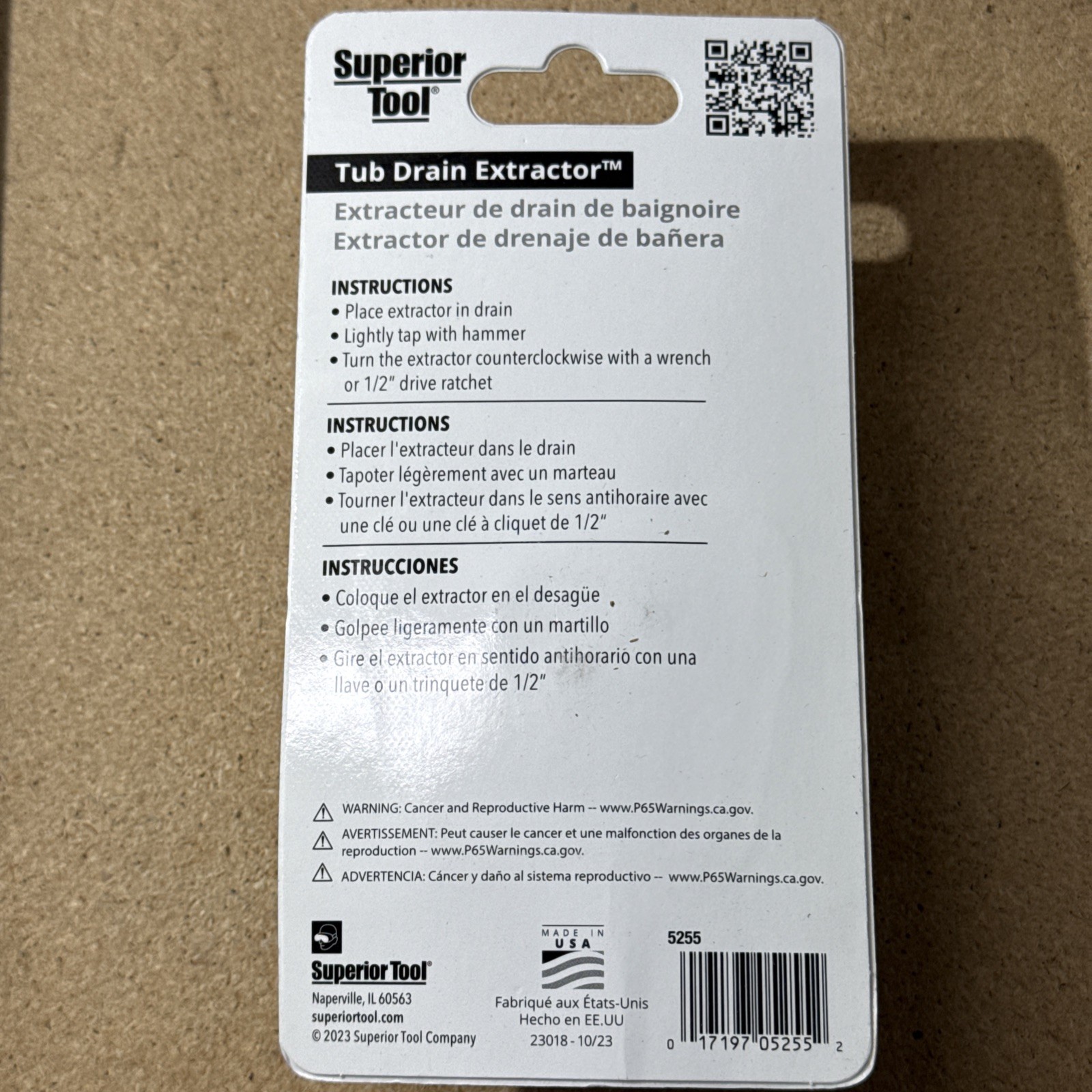 Superior Tool 05255 Steel Gold Plate Finish Tub Drain Extractor 1-1/2 L in.