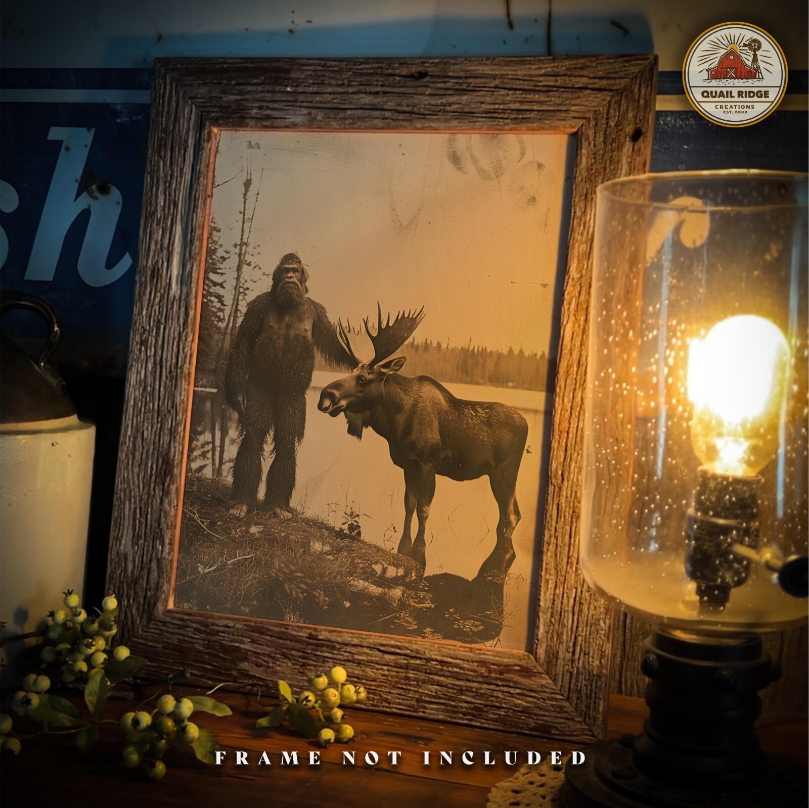 Vintage Bigfoot Sasquatch Moose Photography Art Print Deer Hunting Cabin Artwork