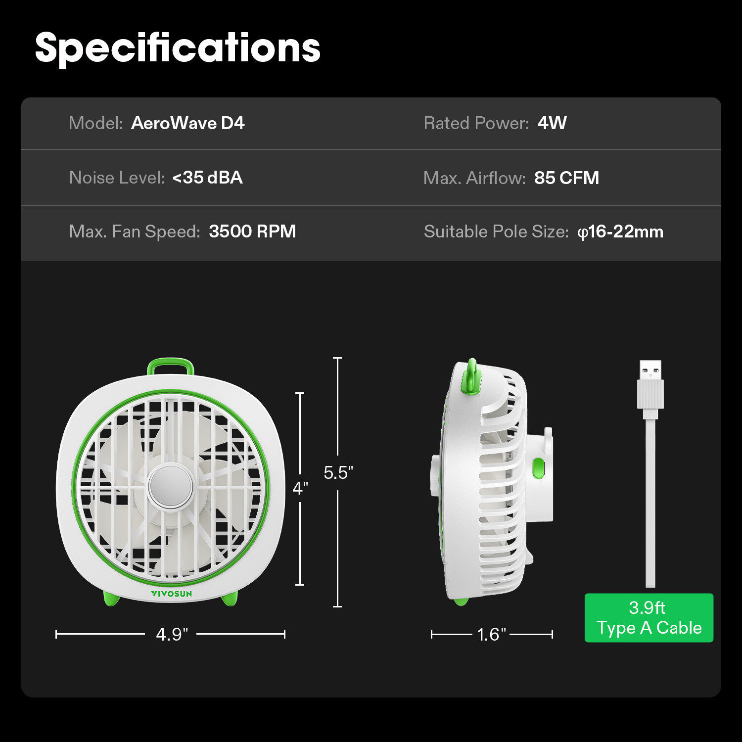 VIVOSUN AeroWave D4 4-Inch Grow Tent Clip Fan, Black/Green/White