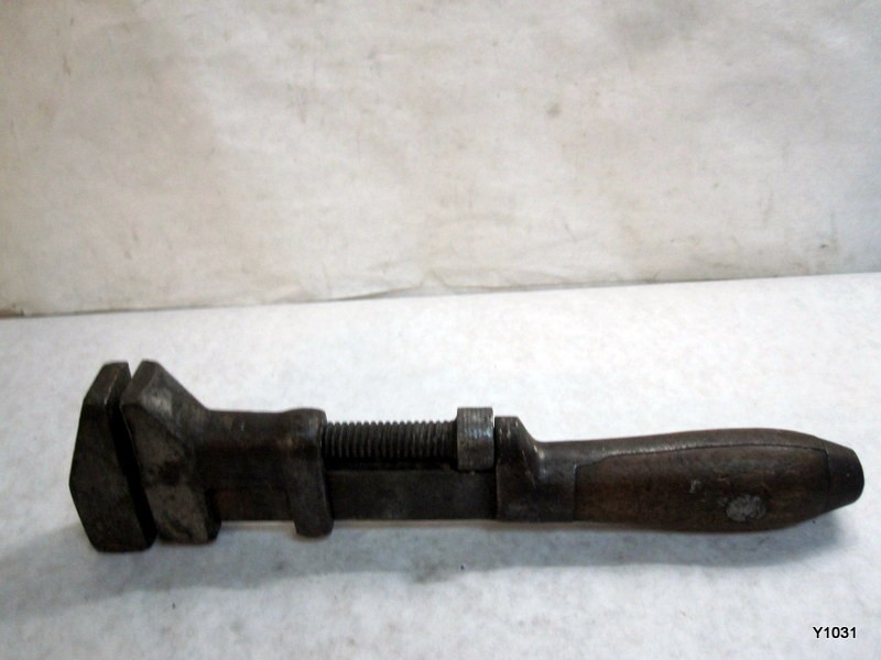Antique l coe's 10" Adjustable monkey nut wrench wood handle e7
