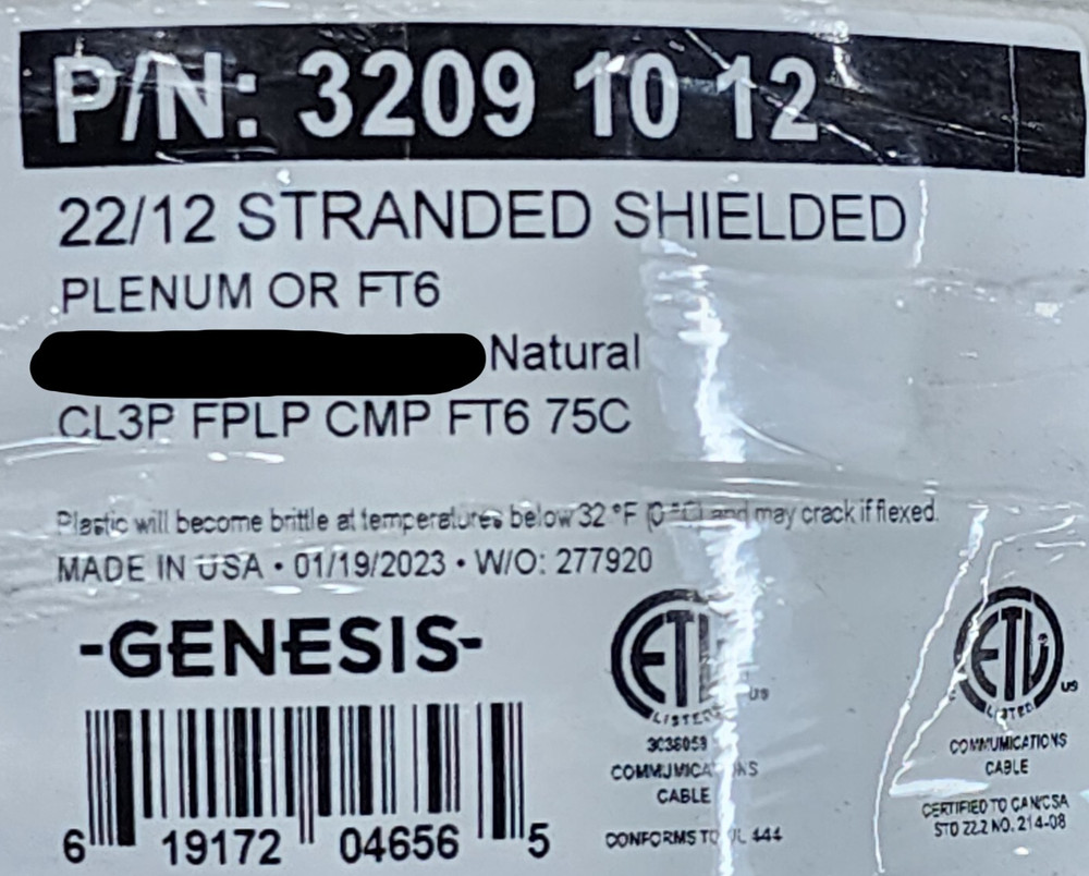 Southwire Genesis 3209 22/12C Shielded Plenum Control Cable CMP White /50ft