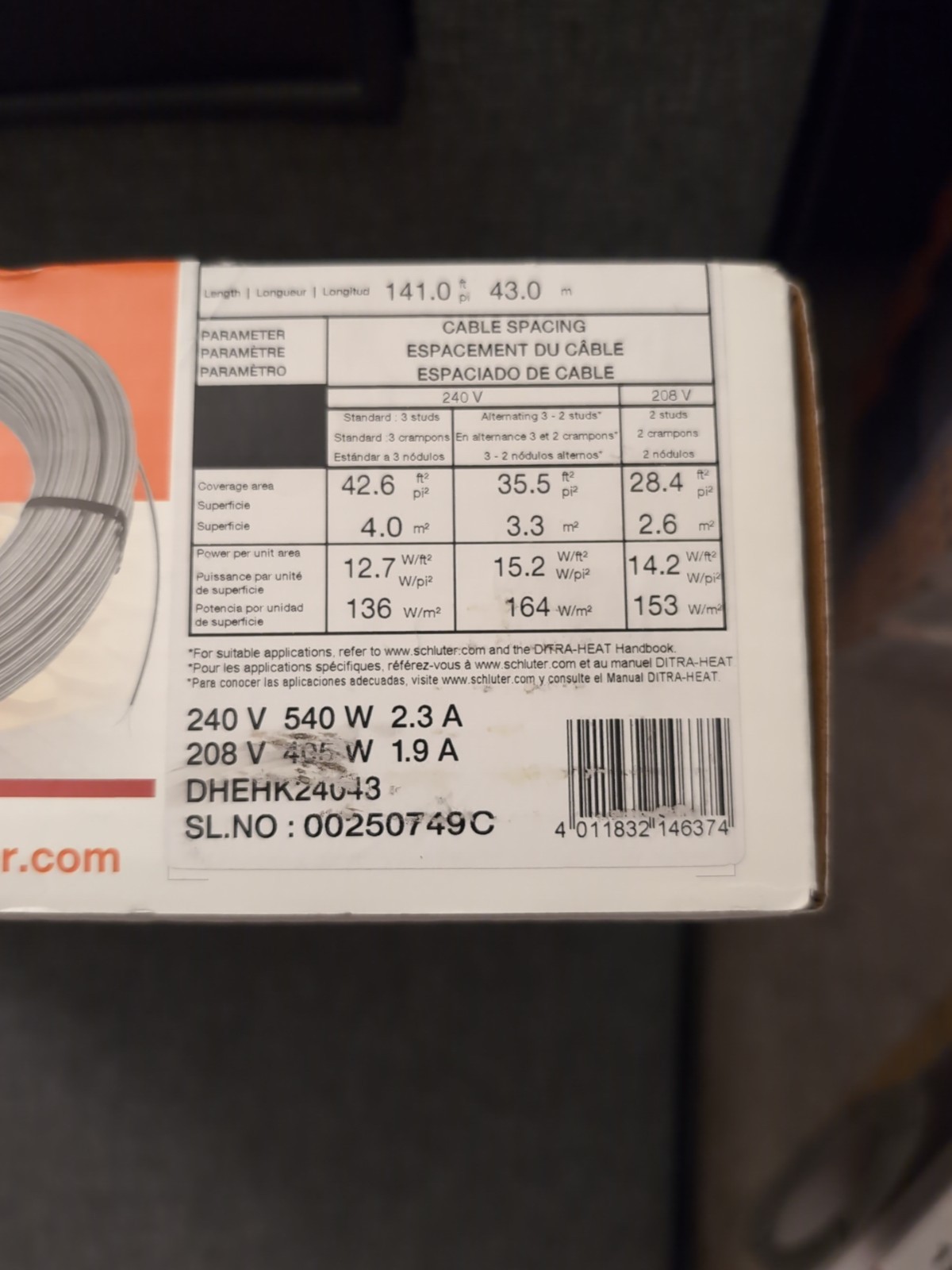 Schluter Ditra-Heat Cable 240V - 141 ft. (42.6 SqFt) DHEHK24043