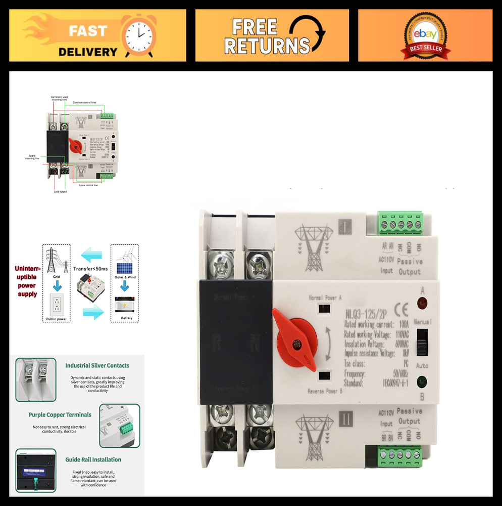 100A Automatic Transfer Switch, 110V AC Dual Power Generator Switch, 35mm Din Ra