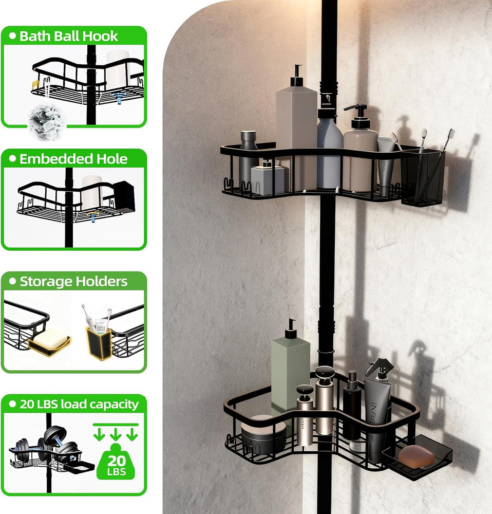 Adjustable 4-Tier Corner Shower Caddy with No-Drill Installation, Black