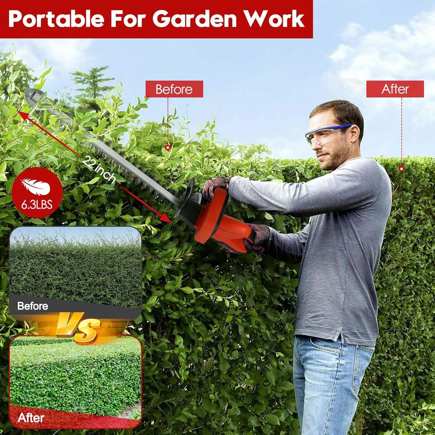 22'' Electric Hedge Trimmer Cordless Power Hedge Trimmer with 2Battery & Charger