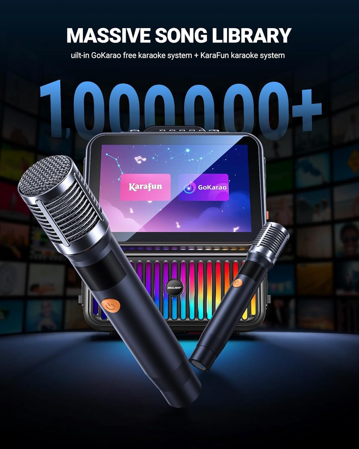 Smart Karaoke Machine w 13.3" Tablet, Bluetooth, 2 Wireless Mics, Party Lights