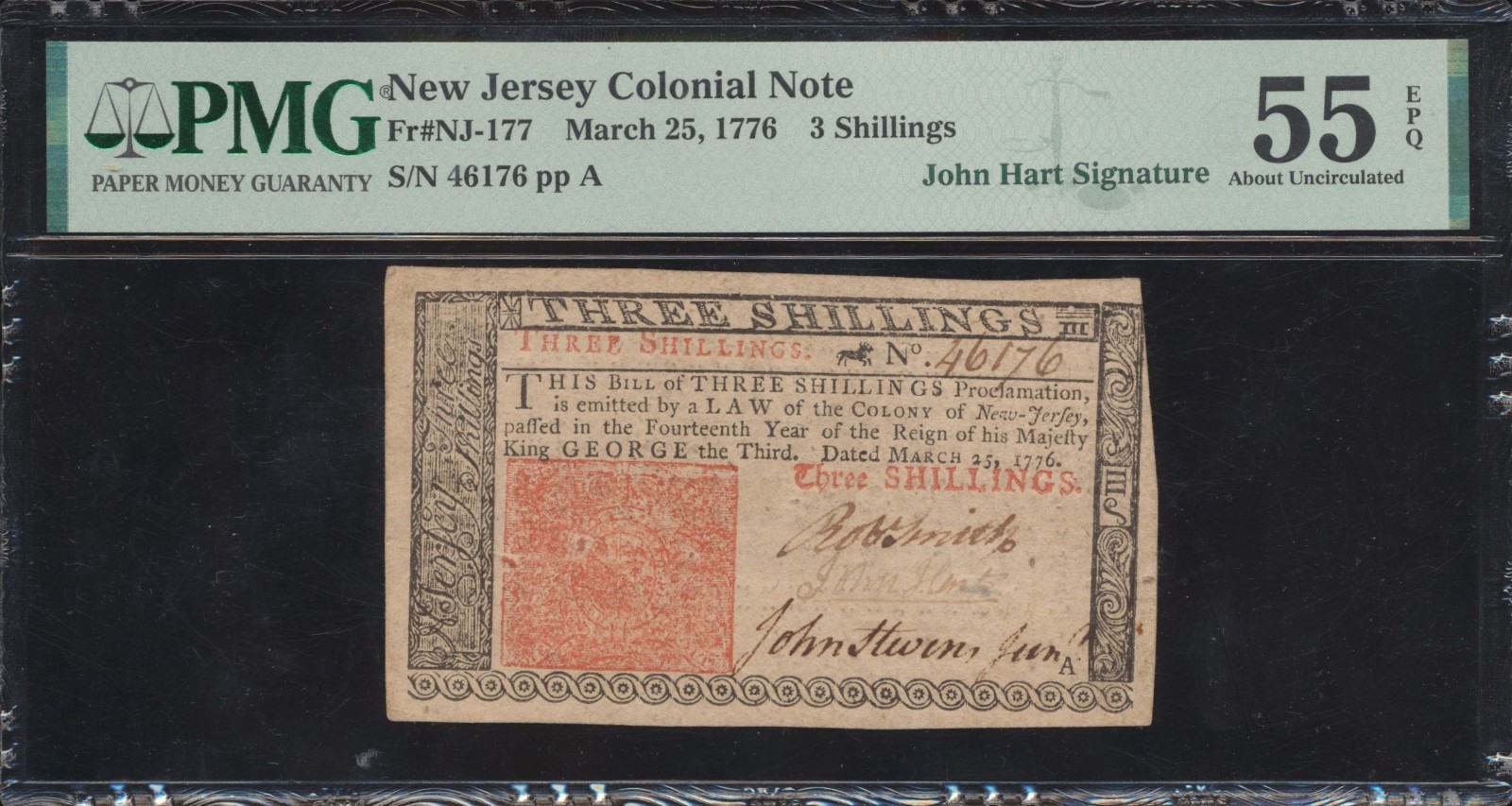 1776 New Jersey Colonial Note 3 Shillings PMG 55 EPQ-John Hart Signature NJ-177