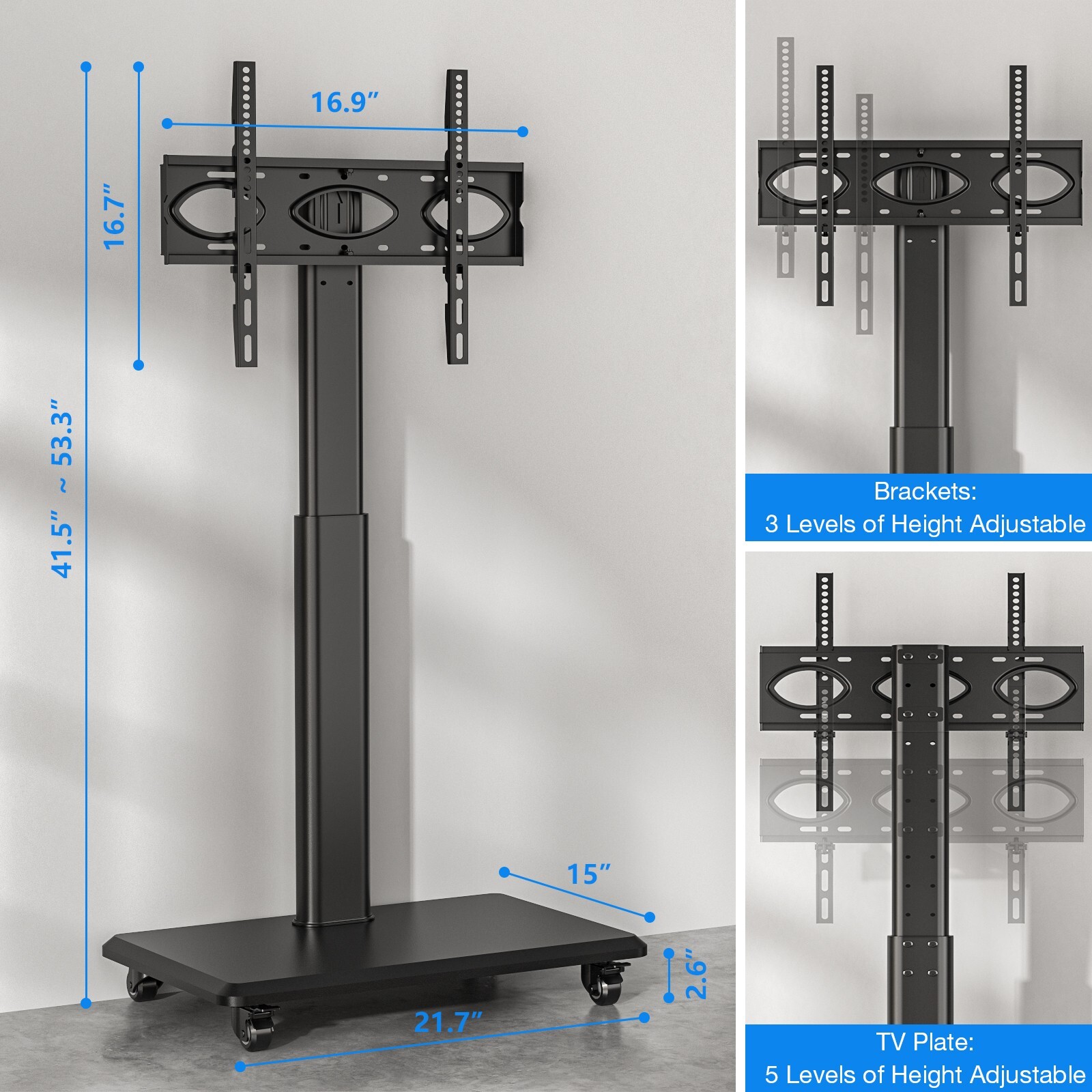 Rolling TV Stand for 32 to 70 Inch TVs,9 Levels of Height & ±30° Swivel Adjusta