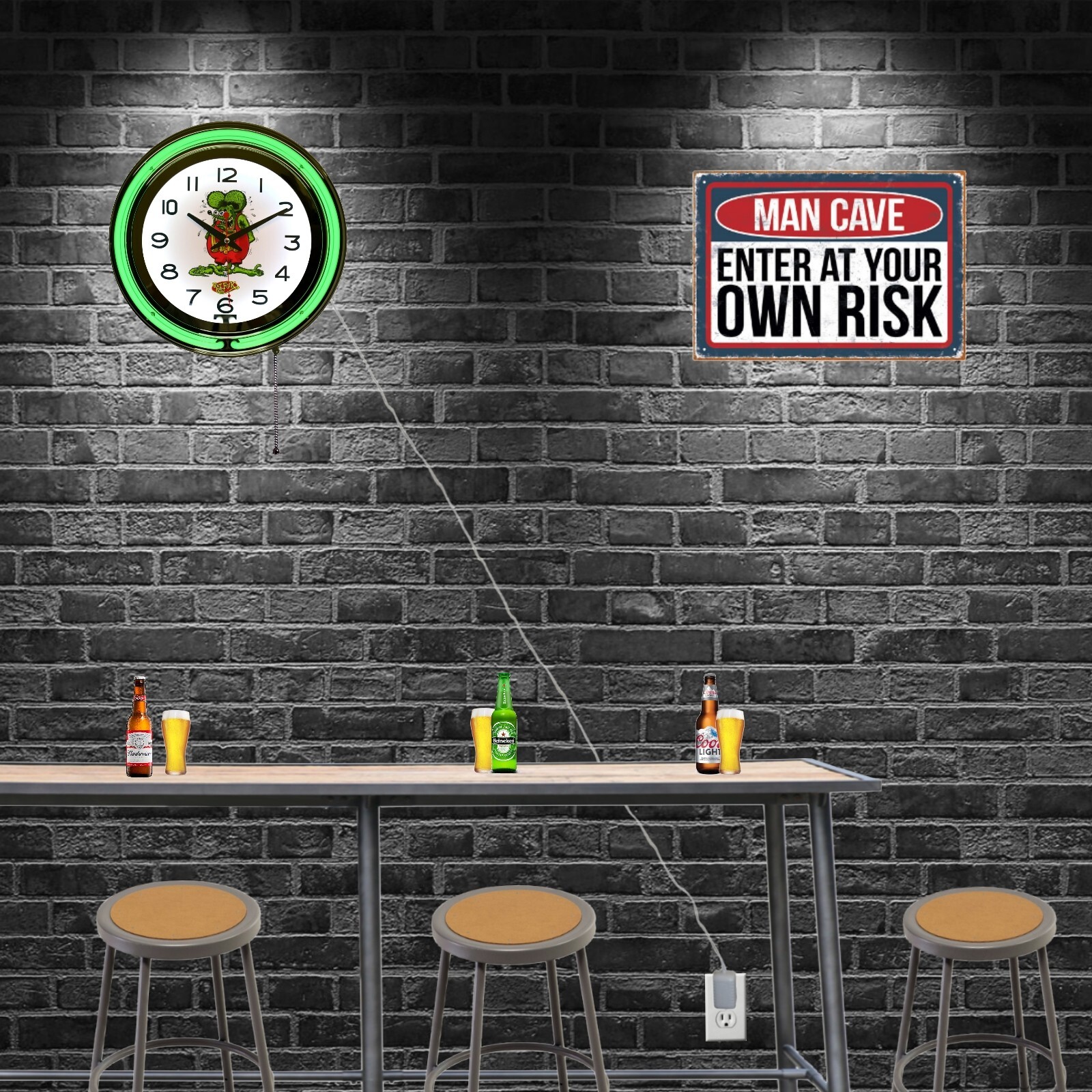 15" Rat Fink Double Neon Clock Man Cave Garage Decor (Green)