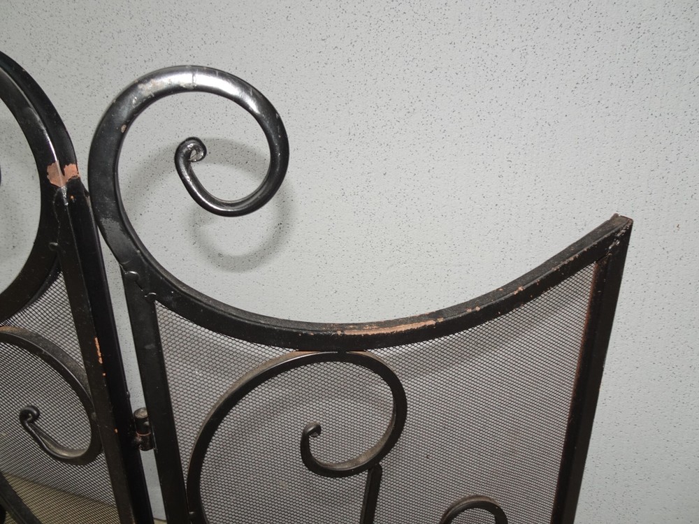 Vintage Tri-Fold Three Panel Black Metal Fireplace Screen