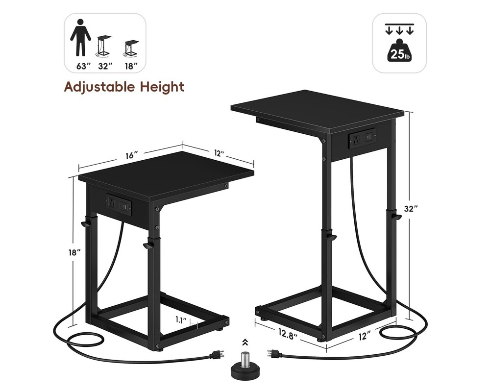 C Shaped End Table with Charging Station, 33"Tall C-Table End Table Adjustabl...